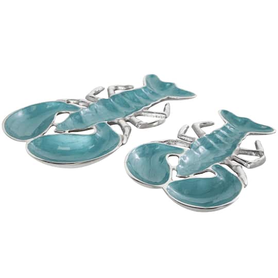 Teal & White Aluminum Enameled Lobster Living Room Décor Tray Set